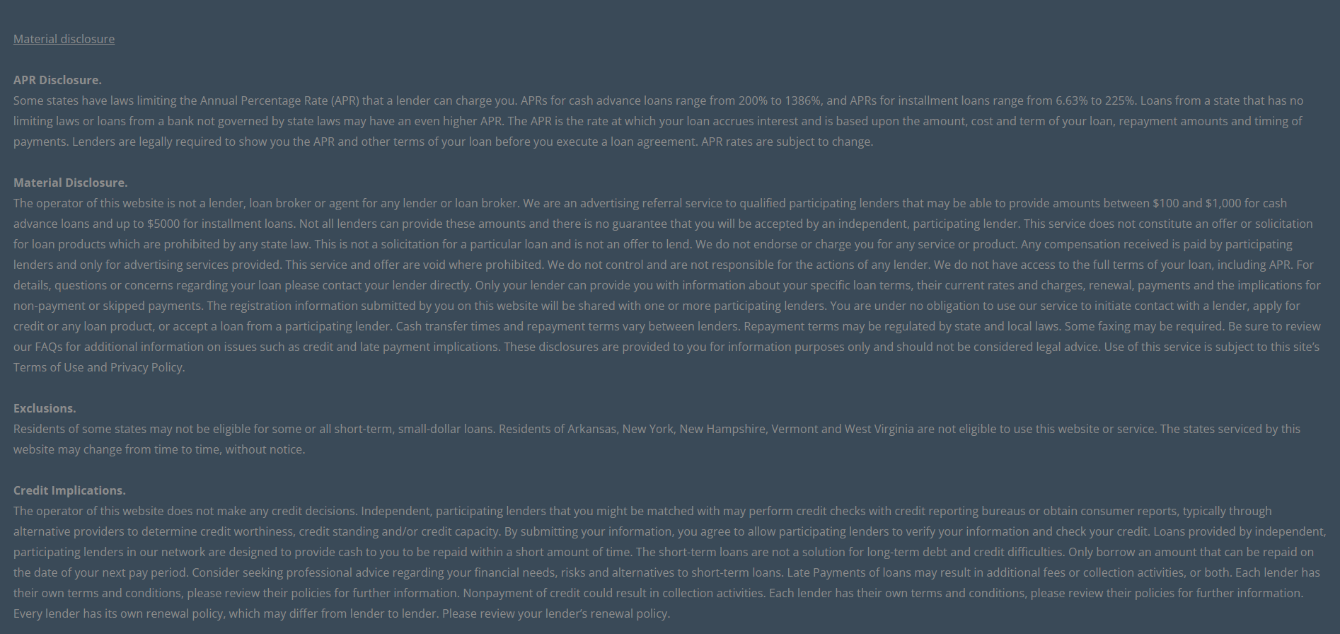 Material disclosure for payday loans in Daly City California